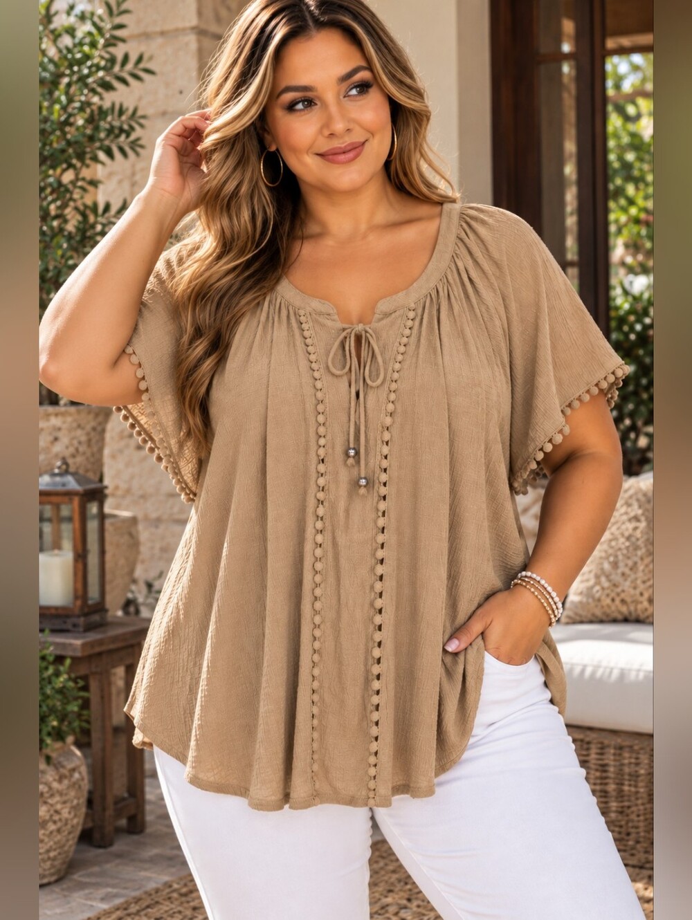 Marissa Olivia Women's Safari Tan Short-Sleeve Pom-Pom Trim Blouse Size 3X NWT